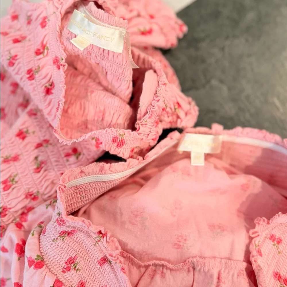 LoveShackFancy Pink Floral Smocked Crop Top & Tiered Skirt Set
